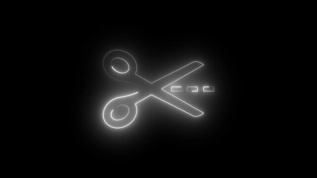 Glowing neon scissors icon animation.Tailor symbol. Cutting tool sign.