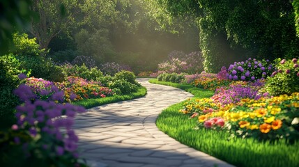 Obraz premium background of a well-maintained garden with colorful flower beds, pathways, and lush greenery, realistic style, soft lighting, peaceful and harmonious atmosphere