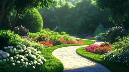 Obraz premium background of a well-maintained garden with colorful flower beds, pathways, and lush greenery, realistic style, soft lighting, peaceful and harmonious atmosphere