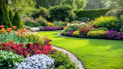 Fototapeta premium background of a well-maintained garden with colorful flower beds, pathways, and lush greenery, realistic style, soft lighting, peaceful and harmonious atmosphere