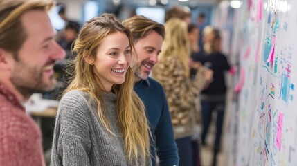 colleagues laughing and discussing brainstorming charts on a mobile whiteboard