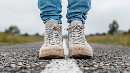Walking shoes gravel road, midstep across symbolic threshold, evoking adventure and exploration
