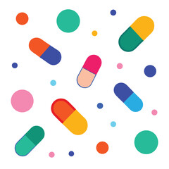 Scattered pill capsules and vibrant circles create a playful medical backdrop with a transparent background