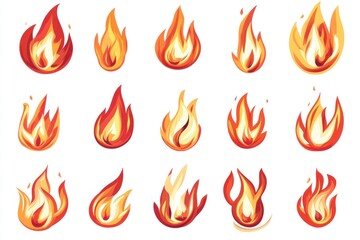 Fire flames icons set, white background, graphic design element