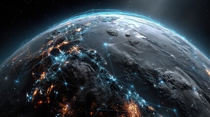 Obraz premium glowing nodes connected by electric-blue lines over a dark globe