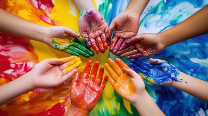 Colorful Hands with Paint on Abstract Swirl Background. Artistic and Creative Expression.
