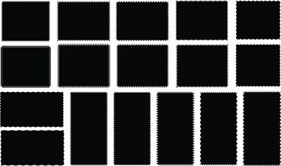 black and white background Zigzag line art, silhouette scalloped frames.Silhouette stickers circle, square, oval and rectangle labels,  chevron,  background. wavy edge rectangle 