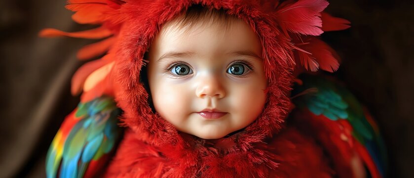 Baby dressed as a red parrot with green wings and beak hood, warm brown background, soft key lighting