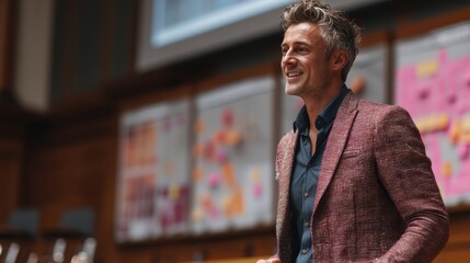 Fototapeta premium confident founder in blazer showcasing business model canvas to investors in auditorium