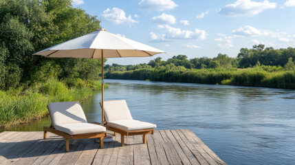 Relaxing sun umbrella and lounge chairs by calm river create serene escape