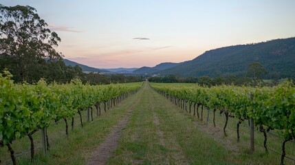 Naklejka premium Serene Vineyard Rows at Sunset: A Pastoral Landscape Painting