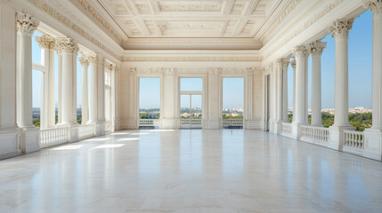 Obraz premium Grand, symmetrical interior view of ornate royal chamber featuring tall columns and large