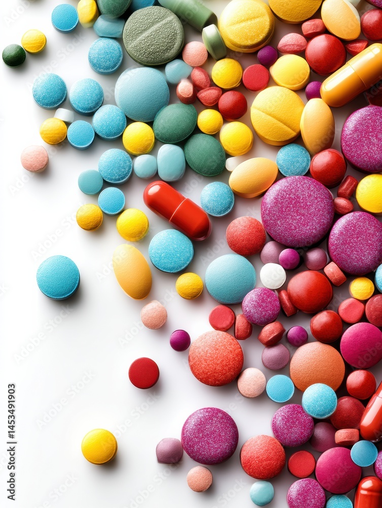 Poster Colorful Assorted Pills Scattered on a Bright White Surface Creating a Vibrant Display of Shapes and Hues Generative AI