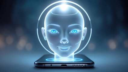 Glowing futuristic human-AI interface with circular elements and digital effects. Ideal for technology or innovation themes