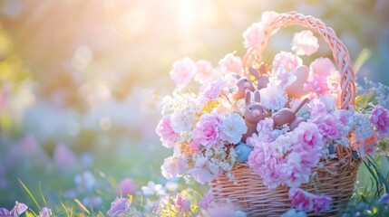 Easter: A close-up of a vibrant Easter egg basket filled with pastel-colored eggs, nestled in fresh spring flowers, soft sunlight illuminating the scene, blurred green meadow background, 