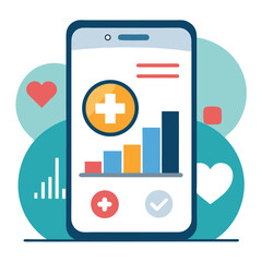 Smartphone displays a chart with plus symbols and hearts with teal background shapes behind it