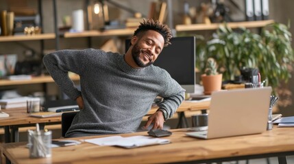 young professional pausing work to do desktop stretches beside laptop