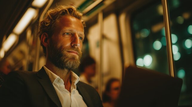 commuter typing on compact laptop while standing on subway holding pole