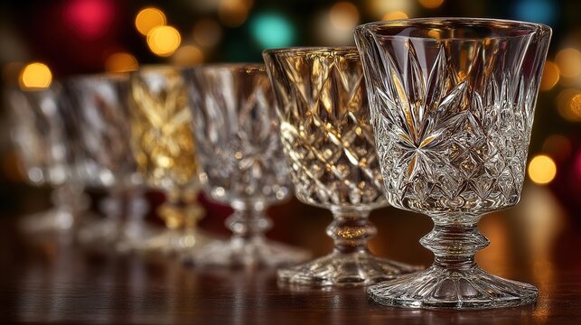 Artistic close-up of sparkling wine glasses lined up on wooden surface, glowing with golden ambient light reflections for intimate dinner party setting.
