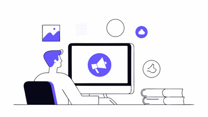 Business owner creating digital marketing content on a computer with social media icons