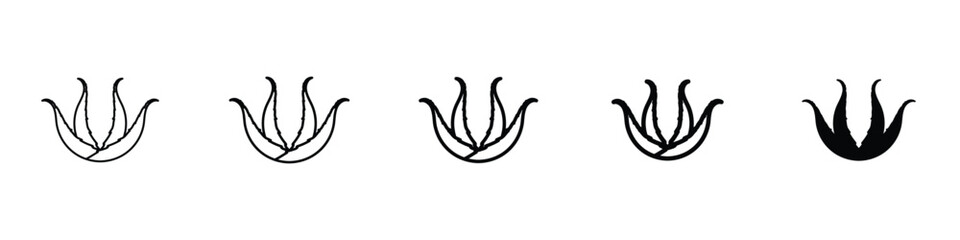 Set of 5 pixel perfect Aloe vera icon with 1 unexpanded, 1 silhouette, A stylized aloe vera plant icon representing herbal and skincare uses.