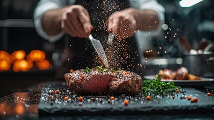 The chef sprinkled seasoning on the steak