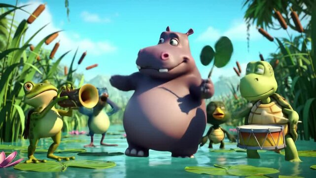 Colorful animated animals perform music in a vibrant wetland setting