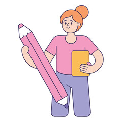 Smiling gingerhaired woman holds a big pink pencil and a yellow notepad on transparent background