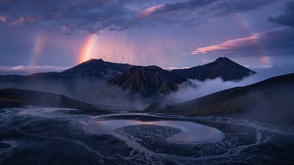 Naklejka premium Majestic Rainbow Arcs Over Volcanic Mountains and Textured Water