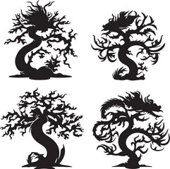 Dragon Tree Silhouette Vector Art: Mystical Fantasy Trees with Dragon Shapes, Black and White Illustration for Graphic Design Projects
