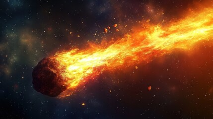 Obraz premium Fiery Meteor Traveling Through Space with Explosive Trail of Flames Background. Captivating Cosmic Phenomenon