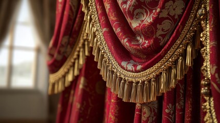 Fototapeta premium Elegant theater curtain with rich red fabric, close-up detail, dramatic side lighting