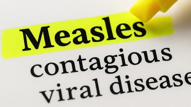 measles contagious viral disease awareness, highlighted text close-up, medical and public health education in 4k