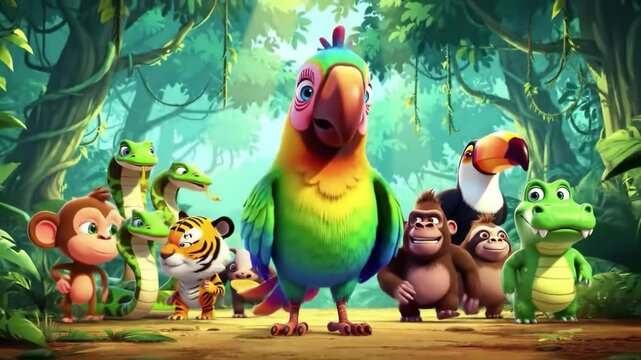 Colorful parrot leads jungle animals in an adventure through lush greenery