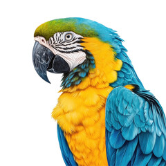 Fototapeta premium Vibrant blue and yellow macaw perched on a white background showcasing its striking plumage and features, blue and yellow macaw, arara azul
