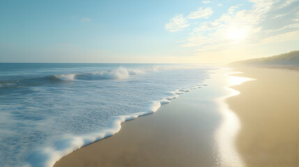 Fototapeta premium A tranquil beach scene with gentle waves lapping at the shore, the sun shining brightly in a clear sky