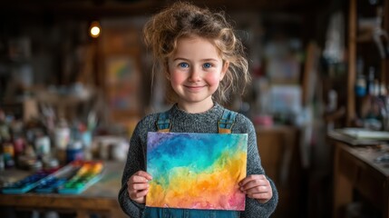 Fototapeta premium child smiling proudly while showing a painted canvas with rainbow colors