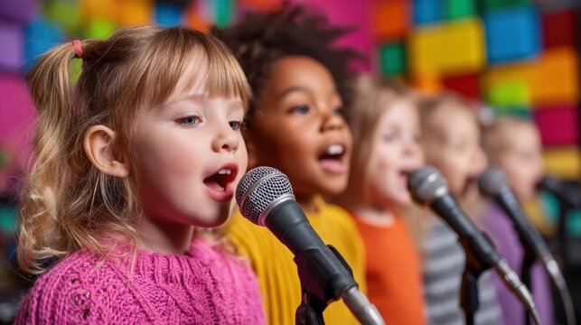 children singing into microphones during a fun music class with vibrant decor
