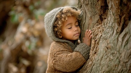 child hugging a tree, learning about the environment through touch