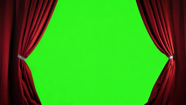 Red curtain opens revealing green screen stage transition background