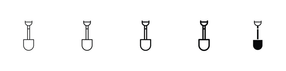 Set of 5 pixel perfect Shovel icon with 1 unexpanded, 1 silhouette, A handheld shovel tool icon used in digging and gardening.