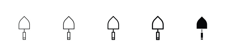 Set of 5 pixel perfect Trowel icon with 1 unexpanded, 1 silhouette, A gardening trowel icon with a pointed blade.