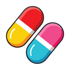 Two vibrant capsule pills, one red and yellow, and one pink and blue, rest on a white background