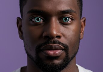 Obraz premium A captivating close-up portrait features a black man with striking teal-colored eyes.