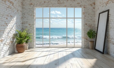 Fototapeta premium Coastal interior design with large windows.