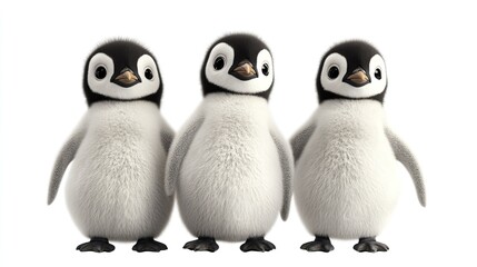 Fototapeta premium Group of 3D Baby Penguins Standing, Isolated on Transparent or White Background. Adorable and Playful Antarctic Birds in a Stylized Composition