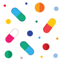Various colorful pills and dots are scattered on a clean, stark white background