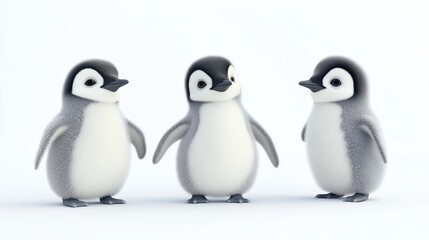 Fototapeta premium Group of 3D Baby Penguins Standing, Isolated on Transparent or White Background. Adorable and Playful Antarctic Birds in a Stylized Composition