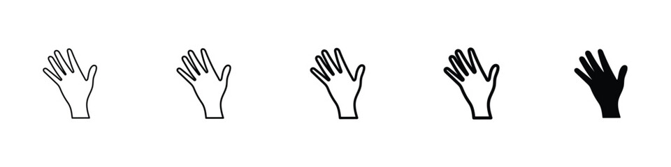 Set of 5 pixel perfect Hand icon with 1 unexpanded, 1 silhouette, A raised open hand icon symbolizing stop, help, or interaction.