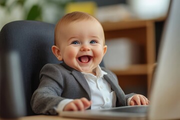 Business baby boy joyfully smiles while working with papers and laptop in bright office room